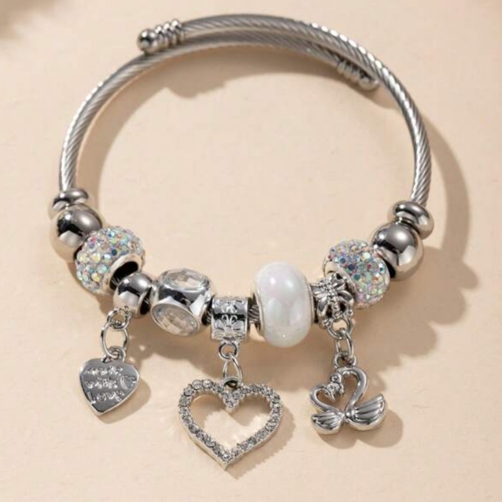 Stainless Steel Swan Hearts Charm Bracelet